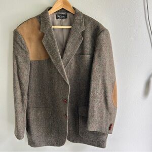 Vintage Norm  Thompson Jacket Mens 46 Harris Tweed Shooting Leather Patch Wool
